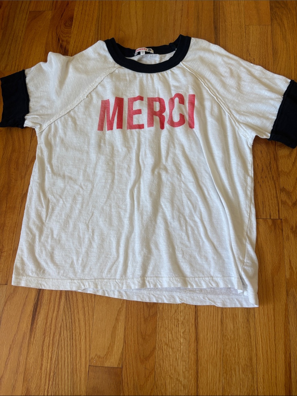Women’s 'Merci' Graphic Ringer Tee - White with Black Trim
